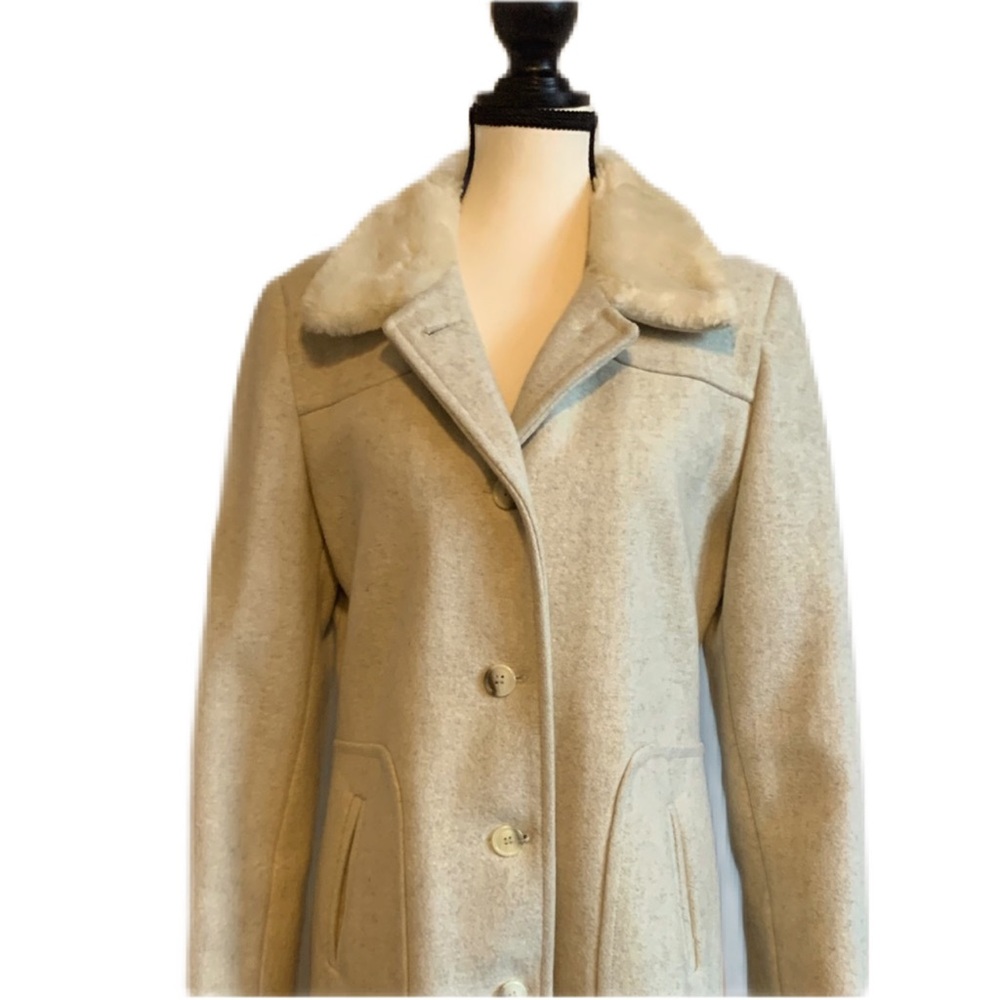 Vintage Ivory Women's Long Pea Coat Faux Fur Collar Single Breasted Lapel Size 8